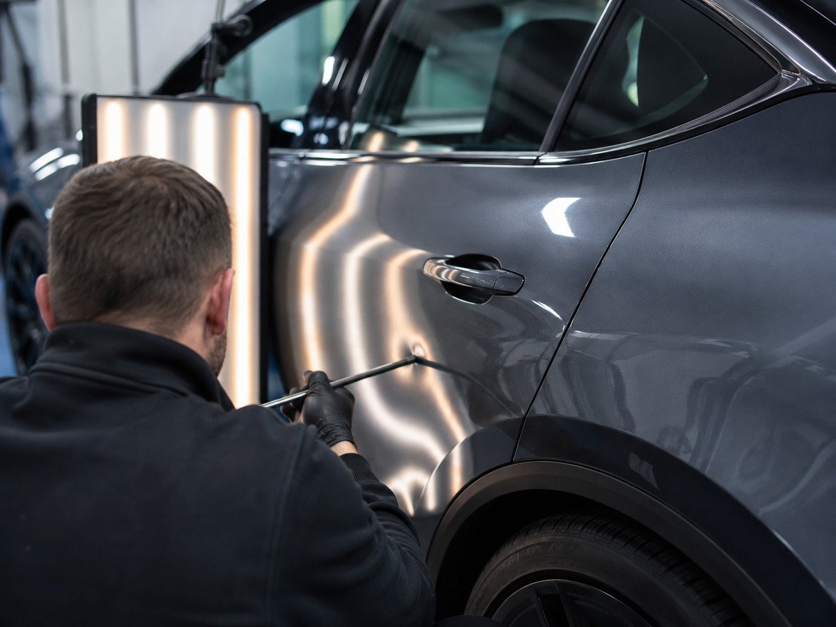 A technician using paintless dent removal rods behind a car door panel