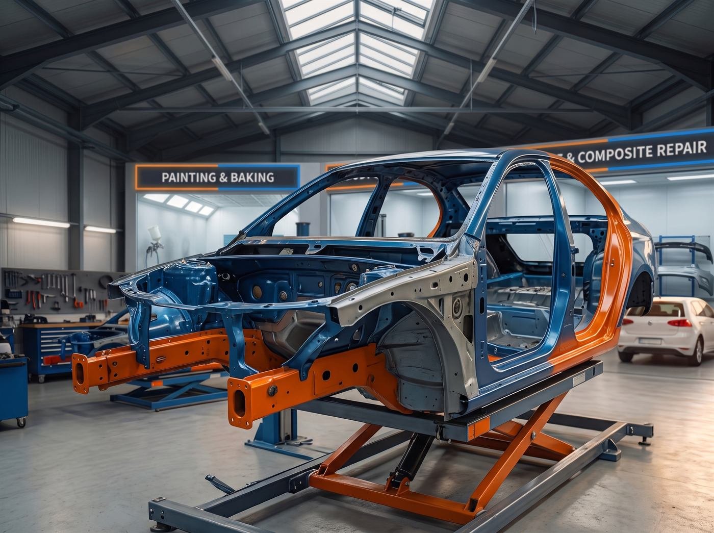 Inside the Ozgur Car Body Repair workshop on Garvald Street, Edinburgh